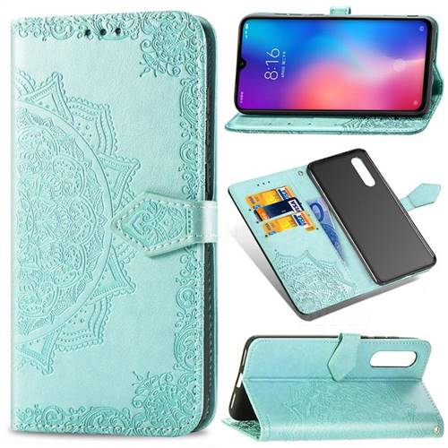 Embossing Imprint Mandala Flower Leather Wallet Case for Xiaomi Mi 9 - Green