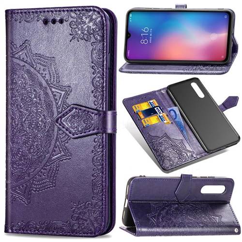 Embossing Imprint Mandala Flower Leather Wallet Case for Xiaomi Mi 9 - Purple