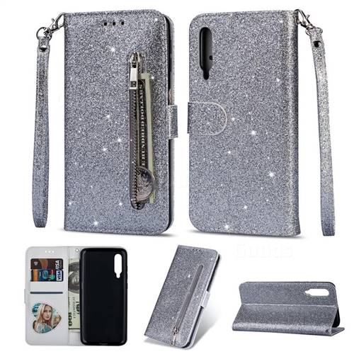 Glitter Shine Leather Zipper Wallet Phone Case for Xiaomi Mi 9 - Silver