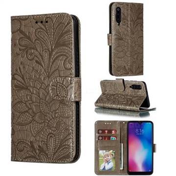 Intricate Embossing Lace Jasmine Flower Leather Wallet Case for Xiaomi Mi 9 - Gray