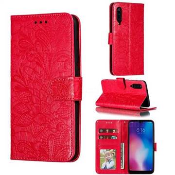Intricate Embossing Lace Jasmine Flower Leather Wallet Case for Xiaomi Mi 9 - Red