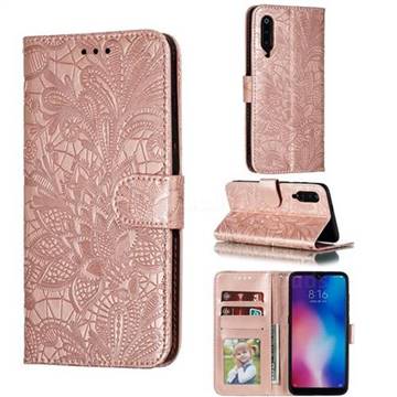 Intricate Embossing Lace Jasmine Flower Leather Wallet Case for Xiaomi Mi 9 - Rose Gold