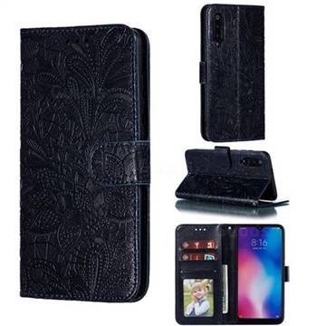 Intricate Embossing Lace Jasmine Flower Leather Wallet Case for Xiaomi Mi 9 - Dark Blue