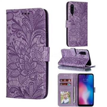 Intricate Embossing Lace Jasmine Flower Leather Wallet Case for Xiaomi Mi 9 - Purple