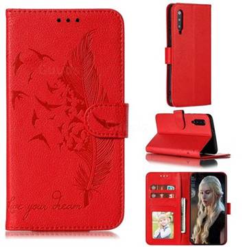 Intricate Embossing Lychee Feather Bird Leather Wallet Case for Xiaomi Mi 9 - Red