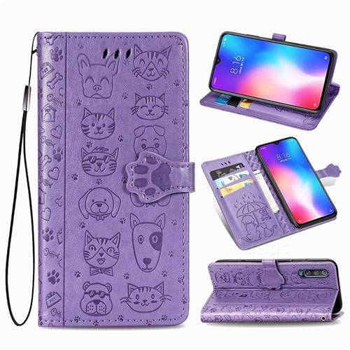 Embossing Dog Paw Kitten and Puppy Leather Wallet Case for Xiaomi Mi 9 - Purple