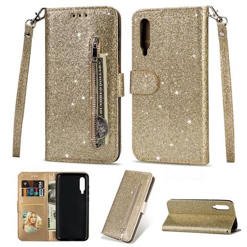Glitter Shine Leather Zipper Wallet Phone Case for Xiaomi Mi 9 Explorer - Gold