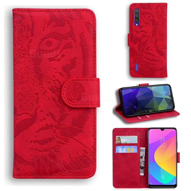 Intricate Embossing Tiger Face Leather Wallet Case for Xiaomi Mi 9 Lite - Red