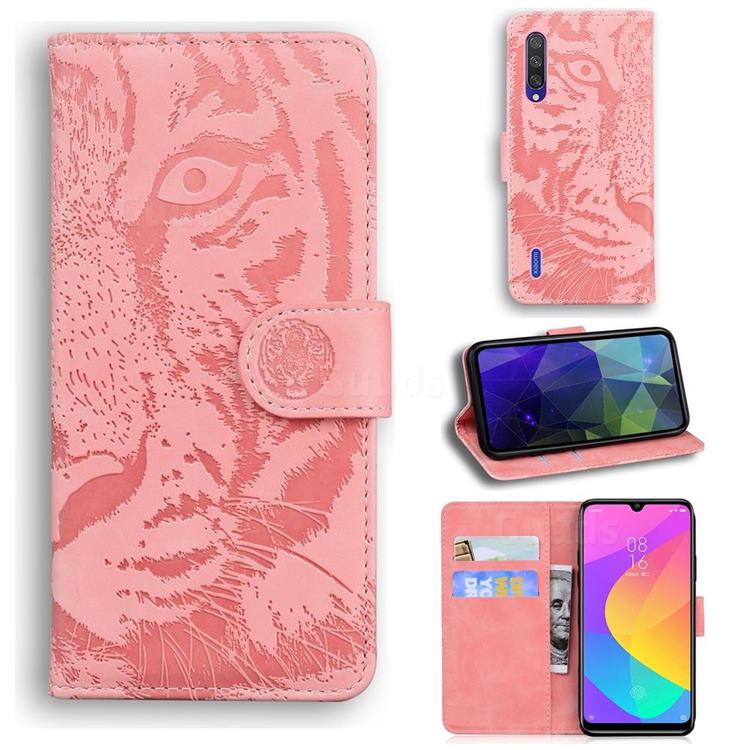 Intricate Embossing Tiger Face Leather Wallet Case for Xiaomi Mi 9 Lite - Pink