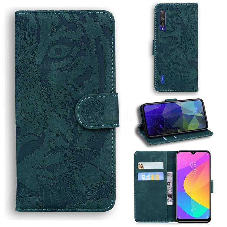 Intricate Embossing Tiger Face Leather Wallet Case for Xiaomi Mi 9 Lite - Green