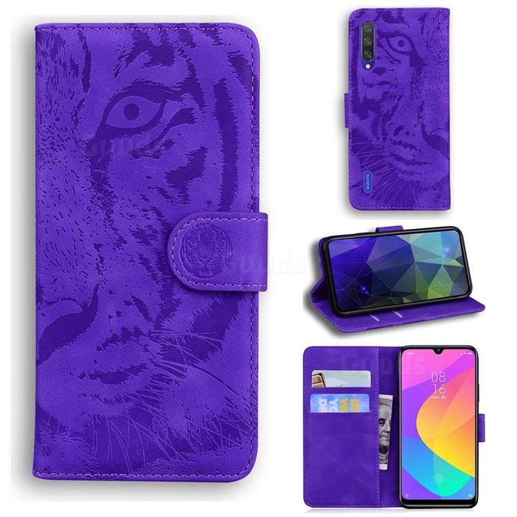 Intricate Embossing Tiger Face Leather Wallet Case for Xiaomi Mi 9 Lite - Purple