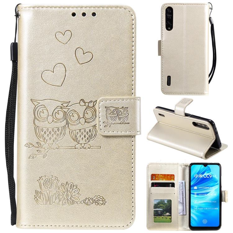 Embossing Owl Couple Flower Leather Wallet Case for Xiaomi Mi 9 Lite - Golden