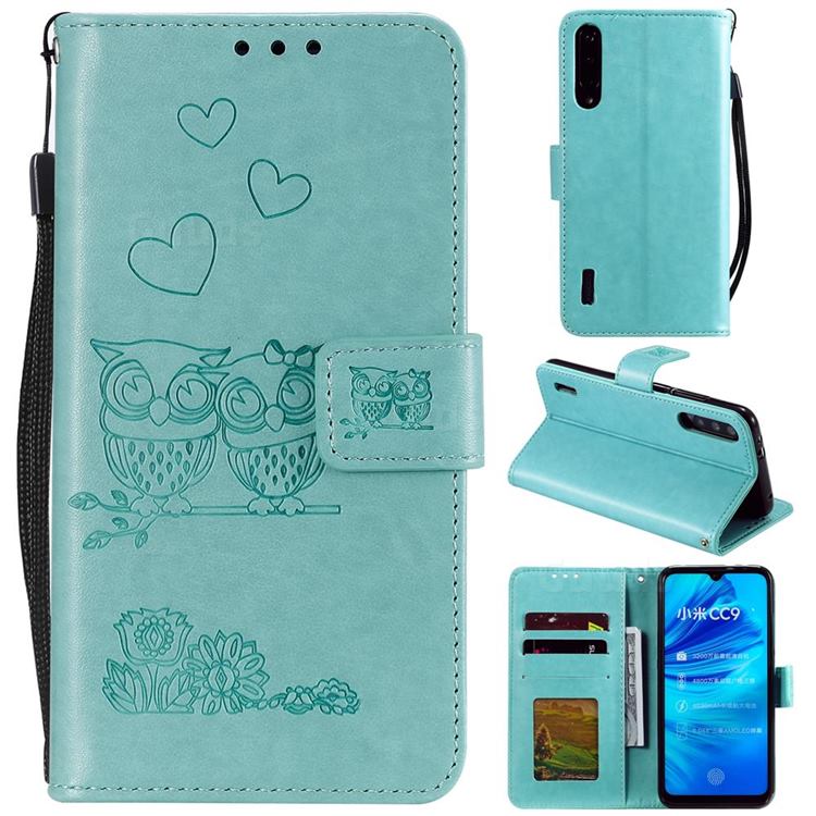 Embossing Owl Couple Flower Leather Wallet Case for Xiaomi Mi 9 Lite - Green