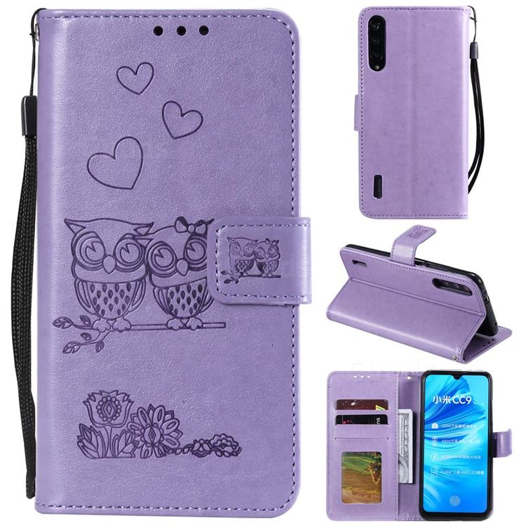 Embossing Owl Couple Flower Leather Wallet Case for Xiaomi Mi 9 Lite - Purple