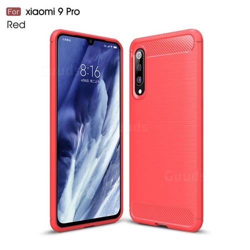 Luxury Carbon Fiber Brushed Wire Drawing Silicone TPU Back Cover for Xiaomi Mi 9 Pro - Red