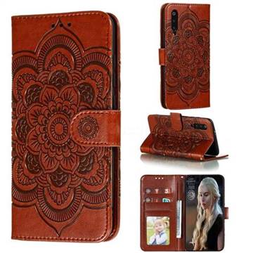 Intricate Embossing Datura Solar Leather Wallet Case for Xiaomi Mi 9 Pro - Brown