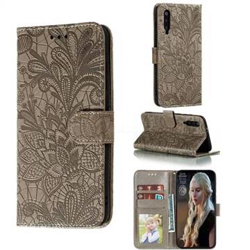 Intricate Embossing Lace Jasmine Flower Leather Wallet Case for Xiaomi Mi 9 Pro - Gray