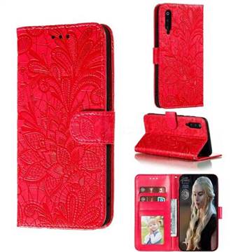 Intricate Embossing Lace Jasmine Flower Leather Wallet Case for Xiaomi Mi 9 Pro - Red