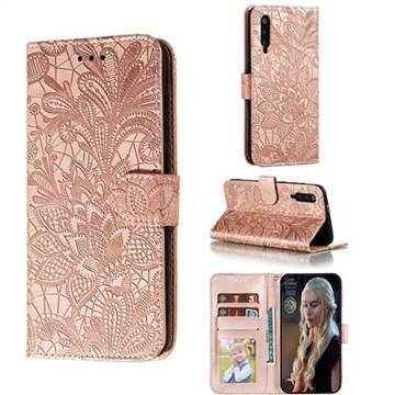 Intricate Embossing Lace Jasmine Flower Leather Wallet Case for Xiaomi Mi 9 Pro - Rose Gold