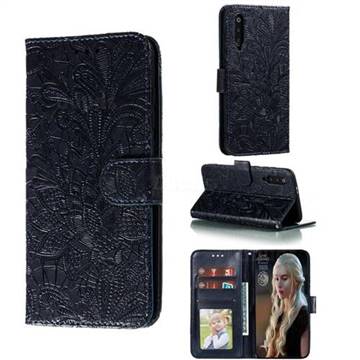 Intricate Embossing Lace Jasmine Flower Leather Wallet Case for Xiaomi Mi 9 Pro - Dark Blue