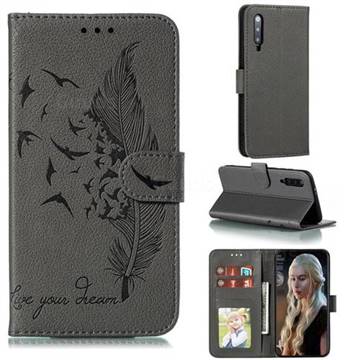 Intricate Embossing Lychee Feather Bird Leather Wallet Case for Xiaomi Mi 9 Pro - Gray
