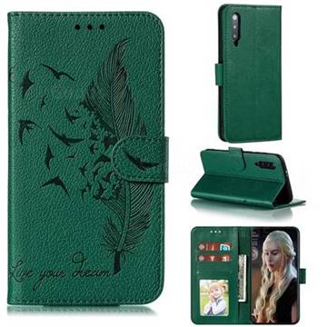 Intricate Embossing Lychee Feather Bird Leather Wallet Case for Xiaomi Mi 9 Pro - Green