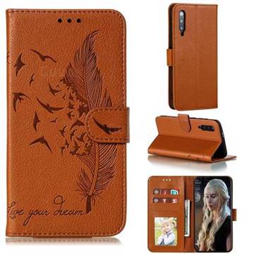 Intricate Embossing Lychee Feather Bird Leather Wallet Case for Xiaomi Mi 9 Pro - Brown