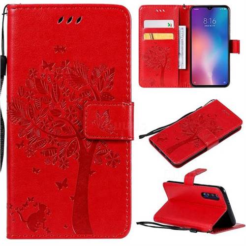 Embossing Butterfly Tree Leather Wallet Case for Xiaomi Mi 9 SE - Red
