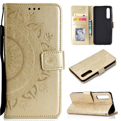 Intricate Embossing Datura Leather Wallet Case for Xiaomi Mi 9 SE - Golden