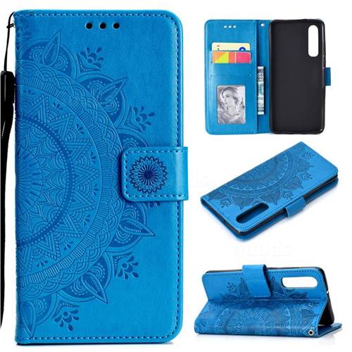 Intricate Embossing Datura Leather Wallet Case for Xiaomi Mi 9 SE - Blue
