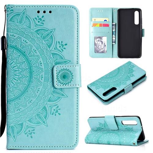 Intricate Embossing Datura Leather Wallet Case for Xiaomi Mi 9 SE - Mint Green