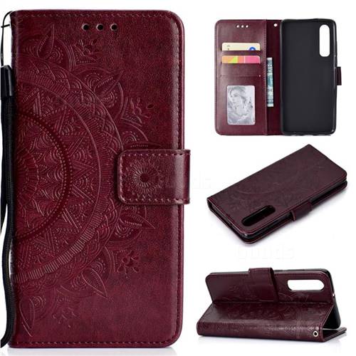Intricate Embossing Datura Leather Wallet Case for Xiaomi Mi 9 SE - Brown