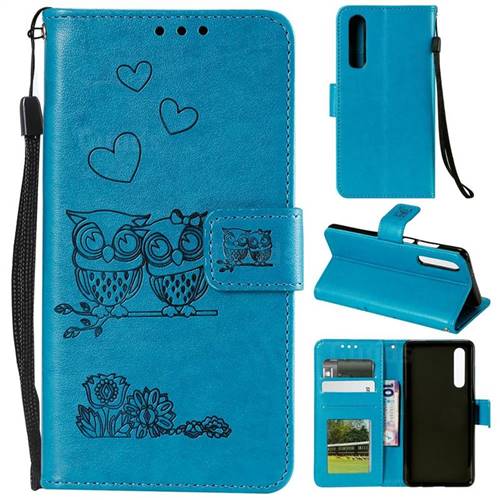 Embossing Owl Couple Flower Leather Wallet Case for Xiaomi Mi 9 SE - Blue