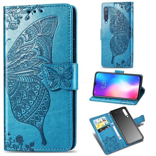 Embossing Mandala Flower Butterfly Leather Wallet Case for Xiaomi Mi 9 SE - Blue