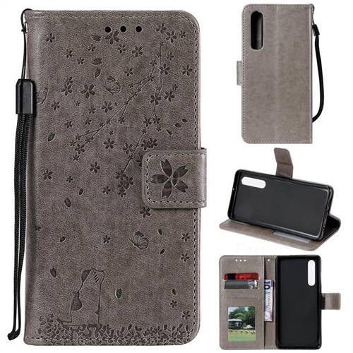 Embossing Cherry Blossom Cat Leather Wallet Case for Xiaomi Mi 9 SE - Gray