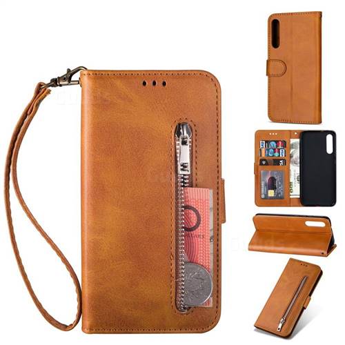 Retro Calfskin Zipper Leather Wallet Case Cover for Xiaomi Mi 9 SE - Brown