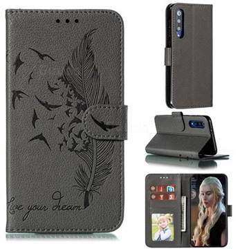 Intricate Embossing Lychee Feather Bird Leather Wallet Case for Xiaomi Mi 9 SE - Gray