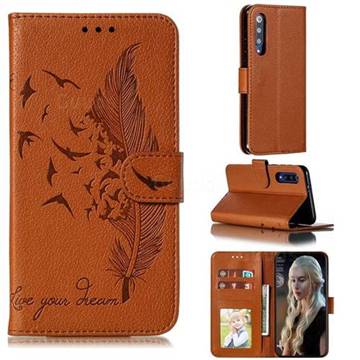 Intricate Embossing Lychee Feather Bird Leather Wallet Case for Xiaomi Mi 9 SE - Brown
