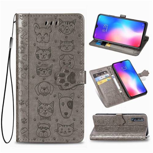 Embossing Dog Paw Kitten and Puppy Leather Wallet Case for Xiaomi Mi 9 SE - Gray