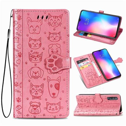 Embossing Dog Paw Kitten and Puppy Leather Wallet Case for Xiaomi Mi 9 SE - Pink