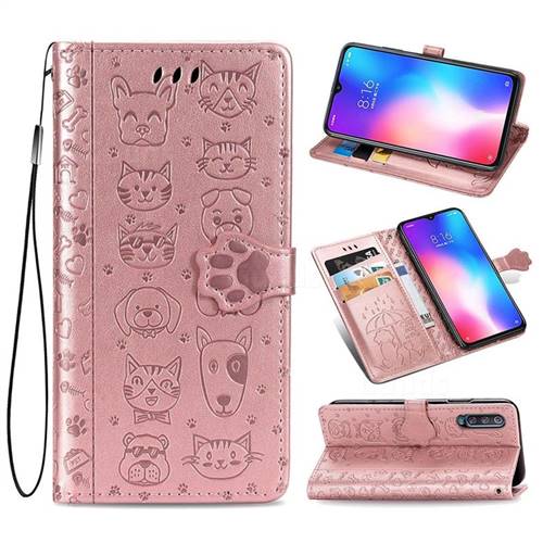 Embossing Dog Paw Kitten and Puppy Leather Wallet Case for Xiaomi Mi 9 SE - Rose Gold