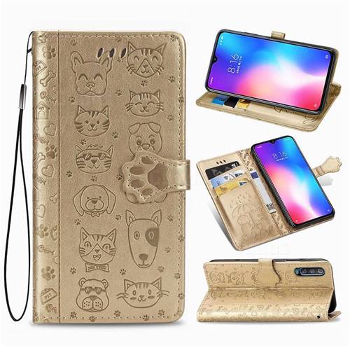 Embossing Dog Paw Kitten and Puppy Leather Wallet Case for Xiaomi Mi 9 SE - Champagne Gold