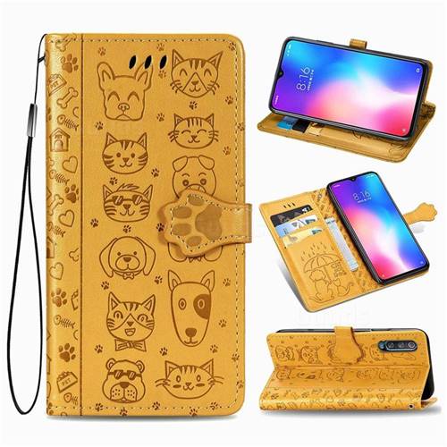 Embossing Dog Paw Kitten and Puppy Leather Wallet Case for Xiaomi Mi 9 SE - Yellow