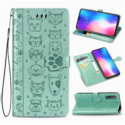 Embossing Dog Paw Kitten and Puppy Leather Wallet Case for Xiaomi Mi 9 SE - Green
