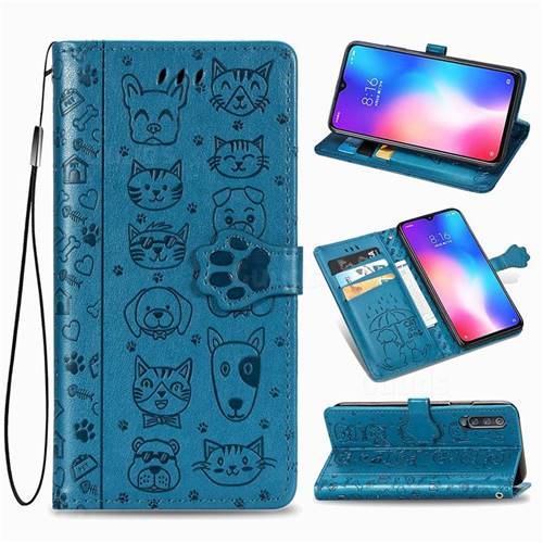 Embossing Dog Paw Kitten and Puppy Leather Wallet Case for Xiaomi Mi 9 SE - Blue