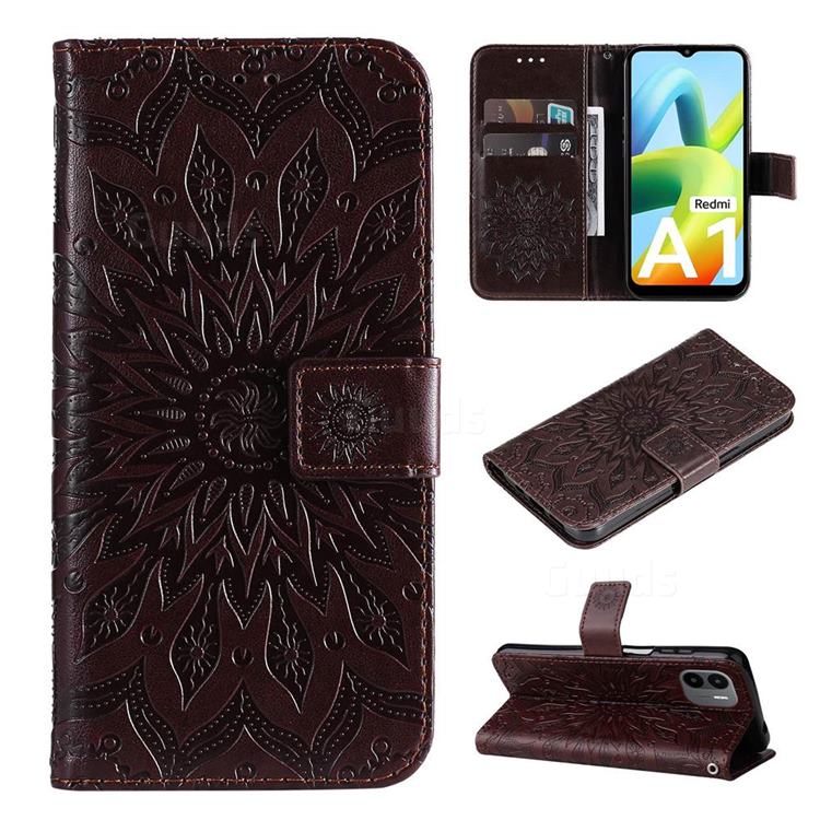 Embossing Sunflower Leather Wallet Case for Xiaomi Redmi A1 - Brown