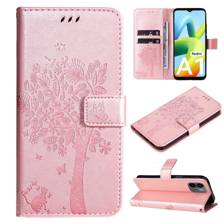 Embossing Butterfly Tree Leather Wallet Case for Xiaomi Redmi A1 - Rose Pink