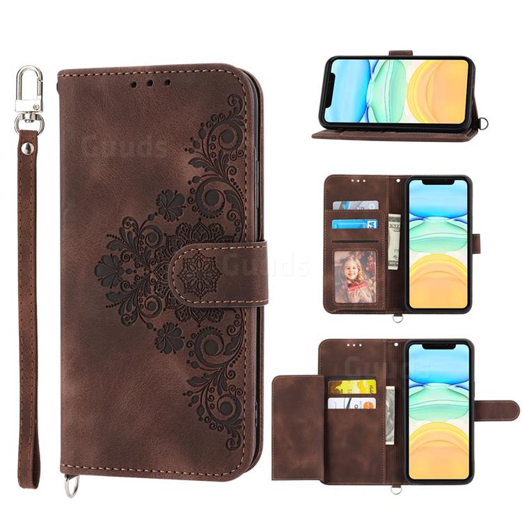 Skin Feel Embossed Lace Flower Multiple Card Slots Leather Wallet Phone Case for Xiaomi Redmi A1 - Brown