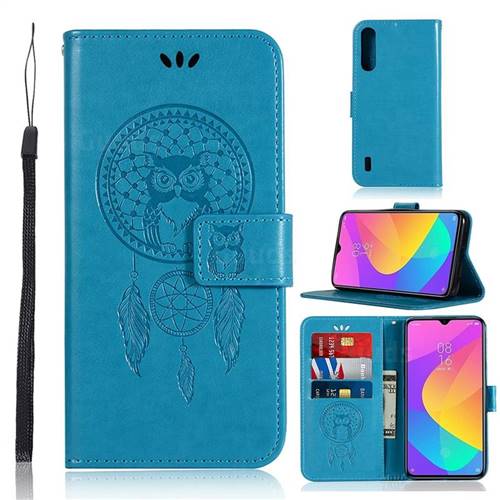 Intricate Embossing Owl Campanula Leather Wallet Case for Xiaomi Mi A3 - Blue