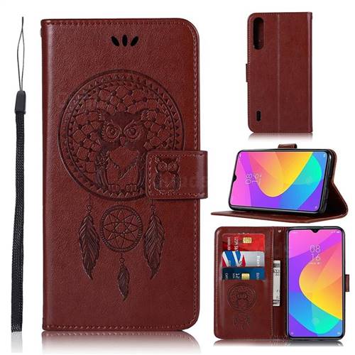 Intricate Embossing Owl Campanula Leather Wallet Case for Xiaomi Mi A3 - Brown